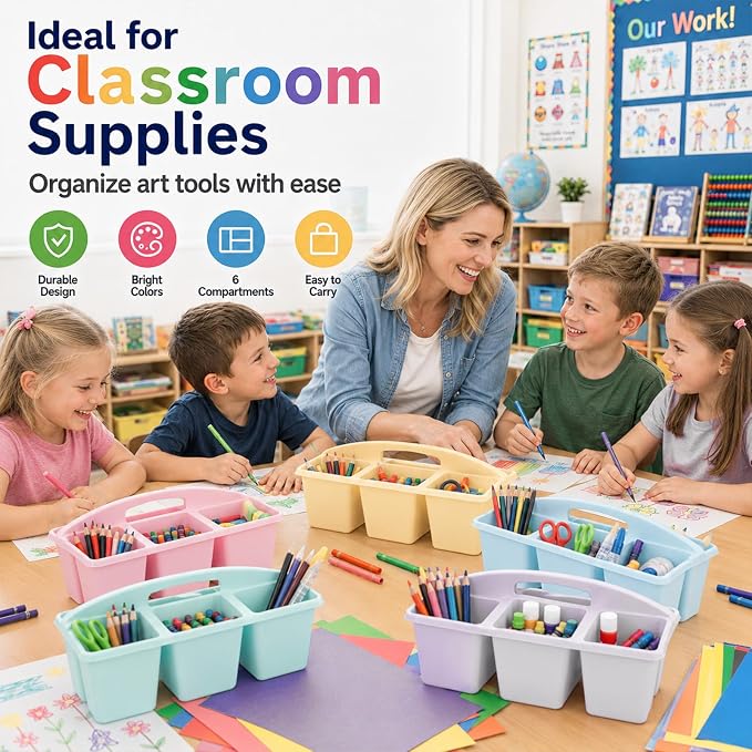 6 Pack Assorted Colors 6 Compartment Classroom Caddy with Handle Portable Plastic Storage Classroom Caddies Organizer for Classrooms Supply Teacher Office Table Desk(Pink Purple)