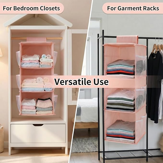 3-Shelf Closet Hanging Organizer Foldable Hanging Storage Shelves with Strong Magic Tapes Space-Saving Wardrobe Hanging Shelf for Clothes Towels Accessories Pink