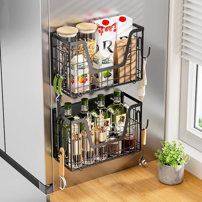 4-Pack Magnetic Fridge Shelf, Black Fruit Basket Potato Storage | Magnetic Shelf Refrigerator Organizer for Fruit & Veggie, Potato Onion Storage Bin; Multi-Use For Kitchen, Pantry & Laundry