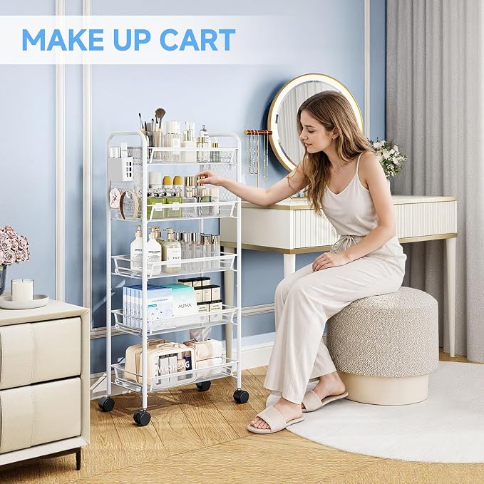 5 Tier Metal Rolling Utility Cart - Heavy Duty Storage Trolley with Pegboard, 4 Hooks & 1 Bin, Mobile Organizer Shelves for Bathroom Kitchen Office Craft Room Laundry, White