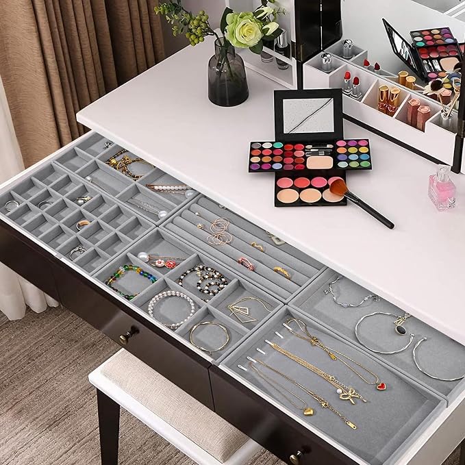 Dntorx Stackable Jewelry Organizer Trays, 6 Set of Velvet Jewelry Drawer Insert Sets Organizer Trays Jewelry Display Case Storage with Removable Dividers for Earring Necklace Rings Bracelet（Gray）