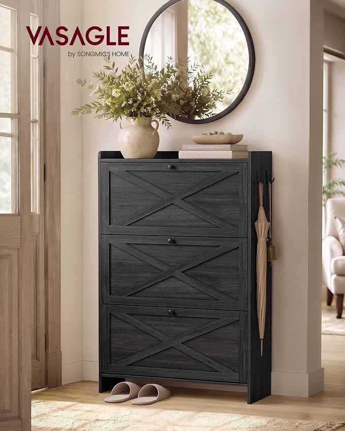 VASAGLE Shoe Storage Cabinet Organizer with 3 Flip Drawers, Freestanding Narrow Shoe Rack Cabinet for Entryway, Farmhouse Style, Fits 14 to 16 Pairs, Smoky Black UHSC303BJ01
