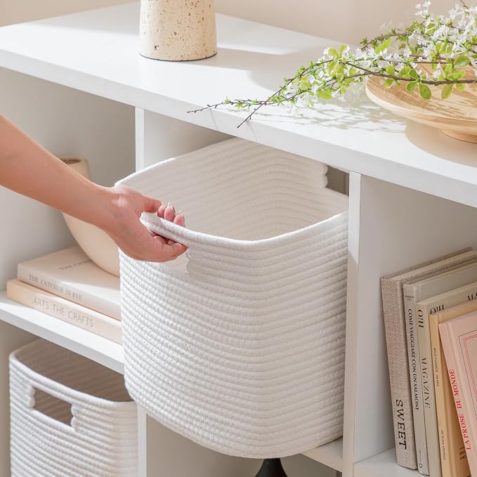UBBCARE Set of 4 Cotton Rope Basket 12 X 12 X 12 Inches, Woven Storage Baskets for Shelves, Organizing with Handles, Cube Storage Bins for Storage Books, Magazines, White