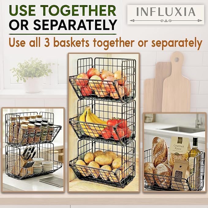 3-Tier Fruit Basket for Kitchen, 2-in-1 Countertop & Over Cabinet Door Hanging Organizer, Heavy Duty Fruit & Vegetable Storage Rack with Anti-Slip Liners, No Drilling
