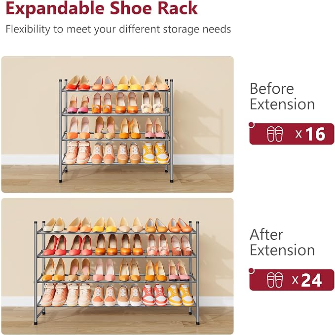 Tajsoon Expandable Shoe Rack for Closet 4 Tier, 28“-41“Stackable, Grey | Adjustable Shoe Organizer Closet Shoe Rack Floor, Metal Shoe Shelf Storage for Entryway, Closet, Garage, Front Door Entrance