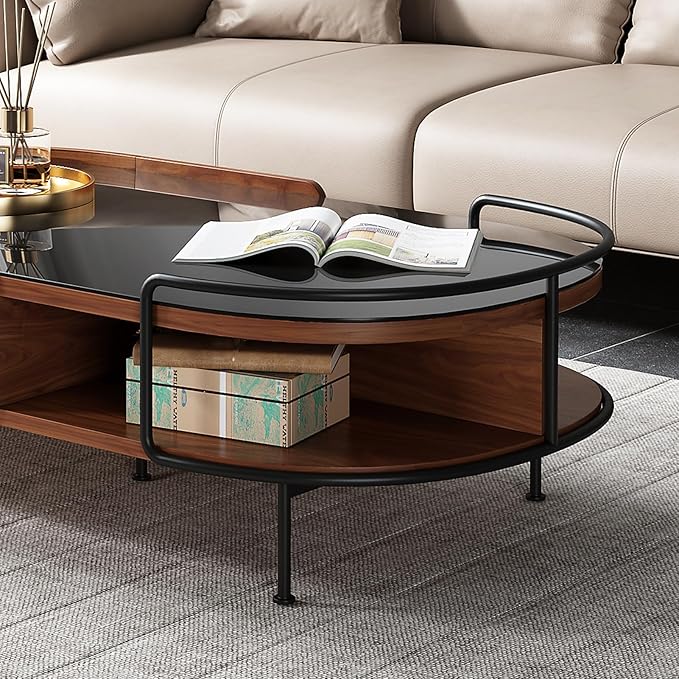 Lartis Oval Coffee Table in Walnut Black Glass Top Coffee Table - Living Room Table with Semi-Circular Storage,Multi Functional Marvel for Modern Living Room