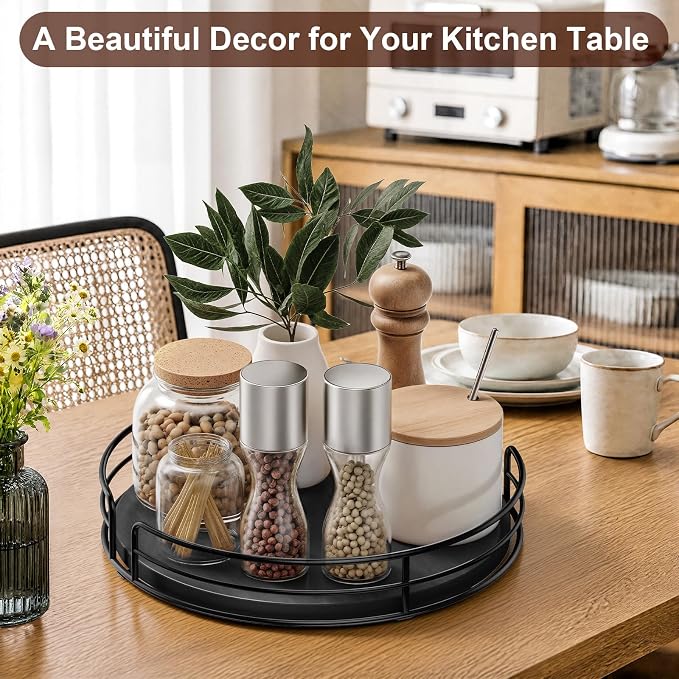 Optish 9" Lazy Susan Turntable for Table Top, Wooden Lazy Susan Organizer for Cabinet, Kitchen, Countertop, Pantry, Spice Organizer, Bathroom, Vanity, Table Deco, Black, Non-Slip Bottom