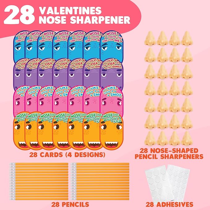 ArtCreativity Funny Nose Pencil Sharpener with Valentines Cards - Set of 28 - Classroom Novelty Gag Prize with 28 Pencils, Glue, I Pick You Nose Designs - Kids Birthday Party Favor and Art Supplies