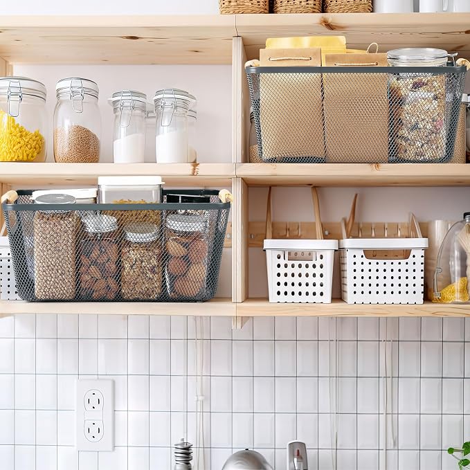 Ziliny 4 Pcs Metal Mesh Wire Baskets with Wooden Handles for Organizing, Pantry Organizers and Storage Steel Bin Kitchen Baskets for Fruit Potato Onion Snacks Bathroom Cabinet(Large,Dark Gray)