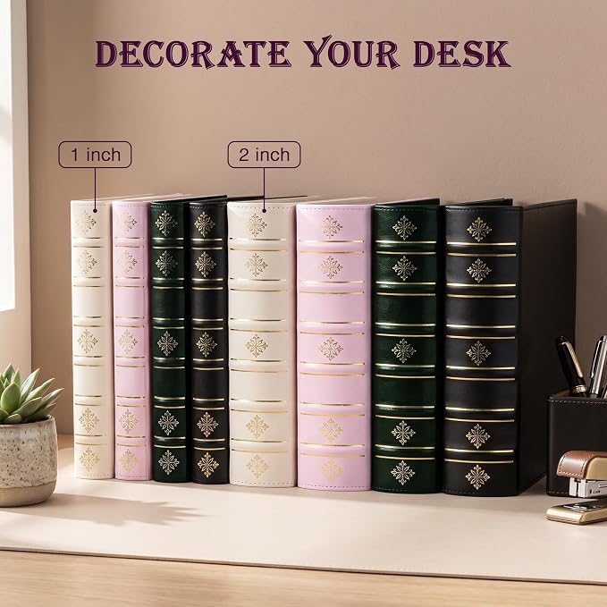 Ospelelf Leather 3 Ring Binder 2 Inch, Vintage D Ring Binder with Pockets and 5 Tab Dividers, Hardback Book Style Document Organizer Fits Letter Size for Home and Office Pink