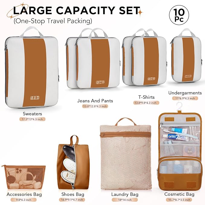 OlarHike 10 Set Compression Packing Cubes for Travel Essentials,Compressible Expandable Space Saver Bags for Organizing Clothes,Luggage Suitcase Garment Bags with Over 1000 pcs Mesh Holes(Brown)