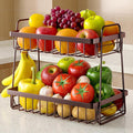 Sakugi Fruit Basket for Kitchen Counter - 2-Tier Fruit Bowl with Removable Banana Hanger & Handles, Rustproof Fruit Holder for Kitchen, Living Room, Bathroom, 13.4"×8.7"×11.7", Brown