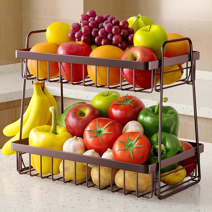 Sakugi Fruit Basket for Kitchen Counter - 2-Tier Fruit Bowl with Removable Banana Hanger & Handles, Rustproof Fruit Holder for Kitchen, Living Room, Bathroom, 13.4"×8.7"×11.7", Brown