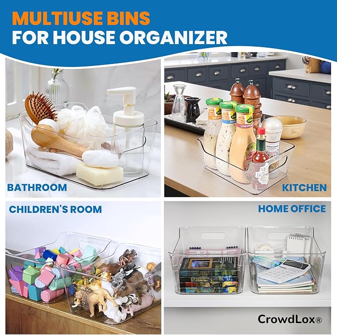 6 Pack Clear Plastic Storage Bins with Lids & Labels, Stackable Organizer Containers with Built-In Handles, BPA-Free Pantry Organization Bins for Kitchen