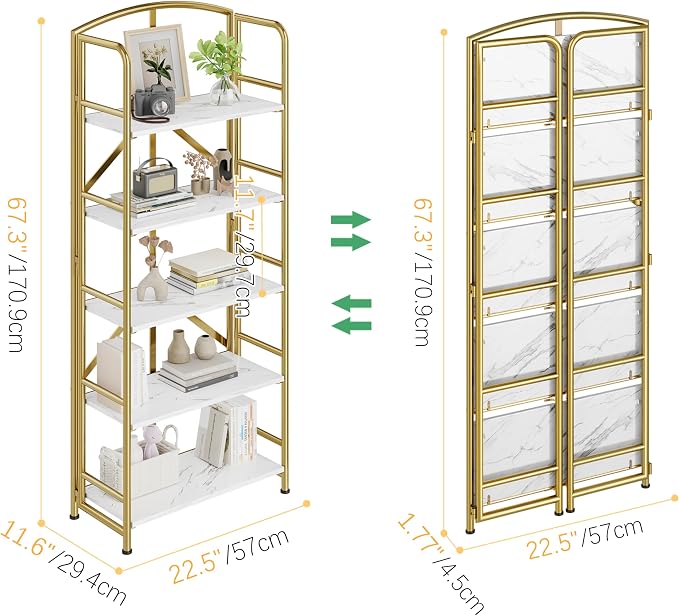 No Assembly,Gold Folding Bookshelf 5 Tiers, Vintage Storage Rack,Brown&Gold | Bookcase Vintage Multifunctional Plant Flower Stand, Storage Shelves Organizer for Home Office,Living Room,Dorm