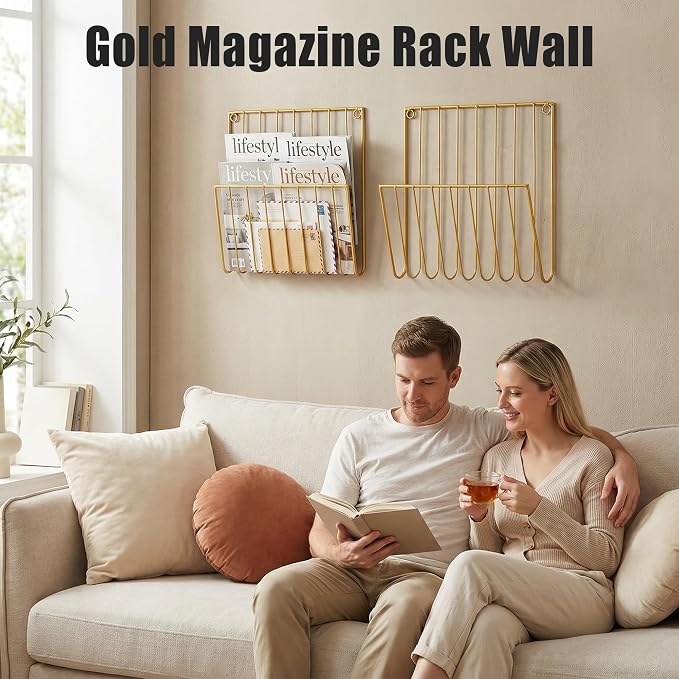 2-Pack Wall Magazine Rack, Magazine Holder Wall Mounted for Space-Saving, Walls Magazine Holder for Mail, Bathroom & Home Office Organizer, Office Living Room(Gold)