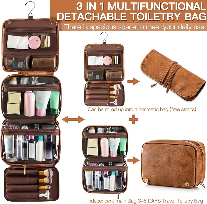 Elviros Hanging Toiletry Bag for Men PU Leather Shaving Dopp Kit (Brown) | 3-in-1 Waterproof Travel Organizer with Separate Compartments for Grooming Items, Toiletries, and Daily Essentials