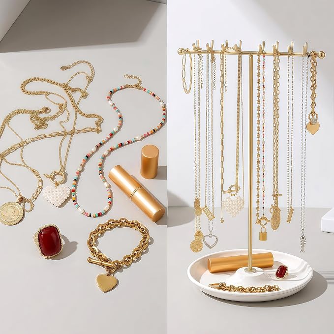 Gold Necklace Holder with Tray - 16 Hooks for Hanging Jewelry | The Tray Space is Suitable for Multifunctional Storage of Earrings, Rings, Lipstick, Watches & More - Jewelry Organizer