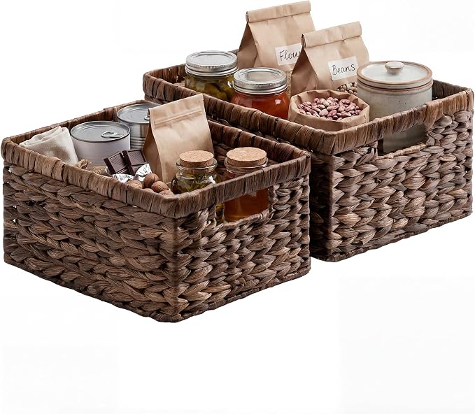 StorageWorks Large Wicker Baskets for Storage, Water Hyacinth Storage Baskets for Organizing, Wicker Storage Baskets for Shelves, Brown, Large & Medium, 2-Pack