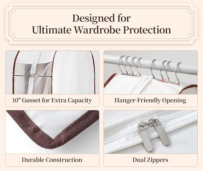 41" Cotton Garment Bags for Hanging Clothes, 2 Pack Breathable Suit Bags for Closet Storage, 10" Wide Gusseted & Clear Window, for Suits, Short Dresses, Sweaters, with Cedar Blocks