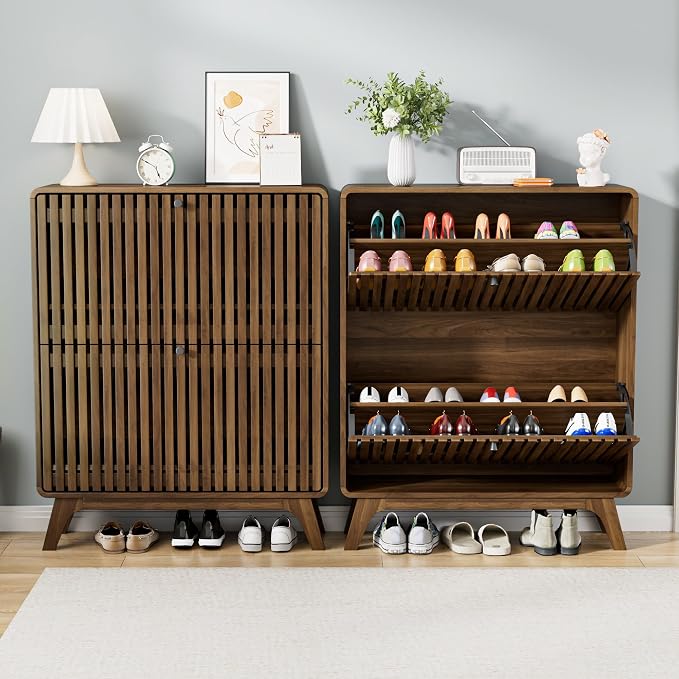 Jluomei Fluted Narrow Shoe Cabinet for Entryway, Slim Wood Shoe Storage Cabinet with Flip Drawers, Bamboo Thin Shoe Rack Organizer for Entry Way, Hallway, Hidden, Walnut