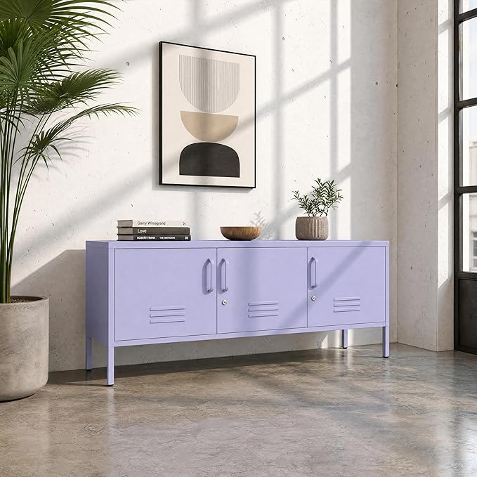 Metal Storage Cabinet with Adjustable Shelves, Wide Lockable TV Stand, Multipurpose Accent Cabinet, Purple Colorful Locker for Home Office Living Room, 22" H x 47.3" x 13.8" D