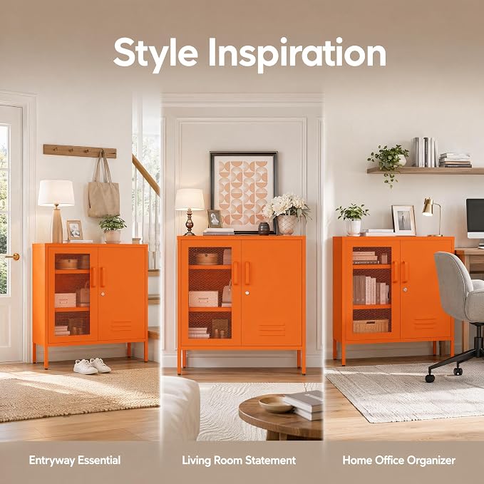 Lockable Metal Storage Cabinet Locker, Multifunctional Versatile Storage Lockers with Adjustable Shelves and Mesh Door, Durable Metal Sideboard Furniture for Restaurant Home Office Orange