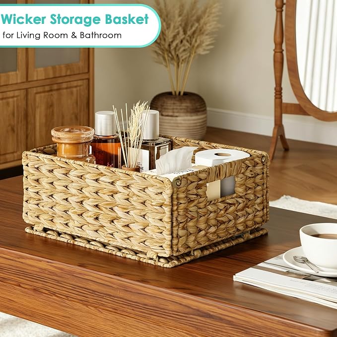 Pantry Wicker Storage Baskets for Shelves, 4 Pack Small Woven Baskets for Storage, Handmade Pantry Organizers and Storage, Boho Decor Water Hyacinth Pantry Organization - Natural