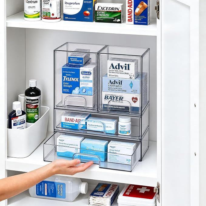 TIPGO Clear Stackable Storage Drawers, Baby Bottle Organizer, Easily-Access Makeup Organizer, Durable Containers for Bathroom Countertop, Cabinet, Pantry and Medicine Organization