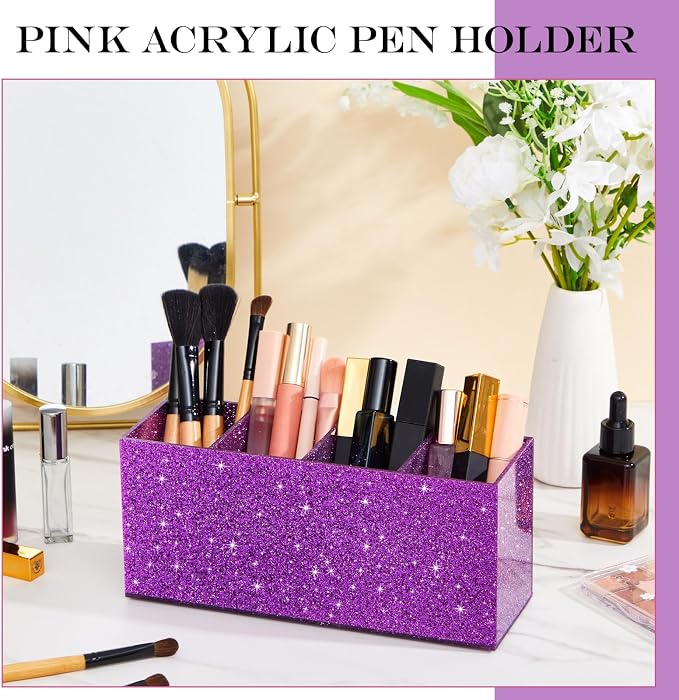 Jetec Acrylic Glitter Purple Pen Holder 4 Compartments Bling Makeup Brush Stationery Organizer Pencil Holder for Desk Accessories Sparkly Gifts for Women Back to School Birthday Desktop Office