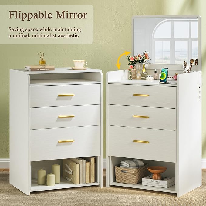 HUAHUU 3 in 1 Vanity Desk with Flip-up Mirror, Compact Vanity with 2 Fabric Drawers & Storage Cushioned Chair, Charging Station, Girls Small Vanity Nightstand for Bedroom, White
