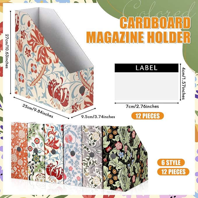 PerKoop 12 Pcs Decorative Magazine File Holders Floral Foldable File Folders Magazine Storage Boxes Rack Desk Organizer Documents with Printable Labels for School Office Home (Floral)