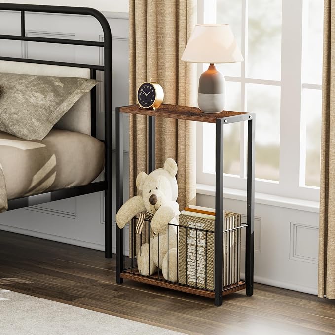 Homleke Narrow Side Table with Magazine Holder, Skinny End Table | Space-Saving Design, Small Spaces, Storage Shelf, Metal Frame, Easy Assembly, 7.1" D x 16.9" W x 23.6" H, Rustic Brown