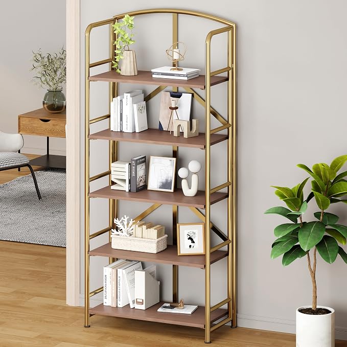 No Assembly,Gold Folding Bookshelf 5 Tiers, Vintage Storage Rack,Brown&Gold | Bookcase Vintage Multifunctional Plant Flower Stand, Storage Shelves Organizer for Home Office,Living Room,Dorm