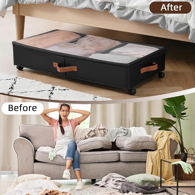 VECELO Under Bed Storage with Wheels, 2 Pack Fully Enclosed Zippered Dust Cover Bins with Clear Lids, Metal Frame and Ultra Thick Fabric Underbed Storage Organizer, Shoe Storage Box, Black