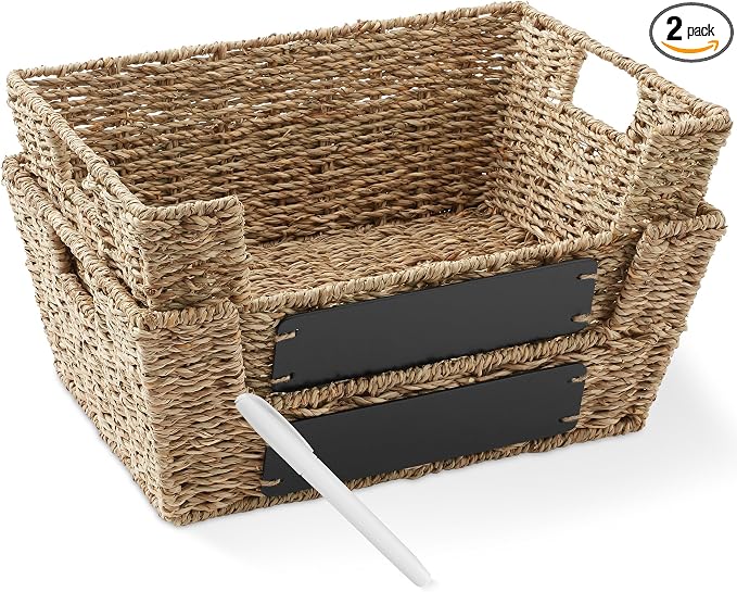 Casafield Set of 2 Seagrass Pantry Baskets with Handles, Chalkboard Labels and Marker - Natural, Wide Woven Storage Bin Organizers for Kitchen Shelves