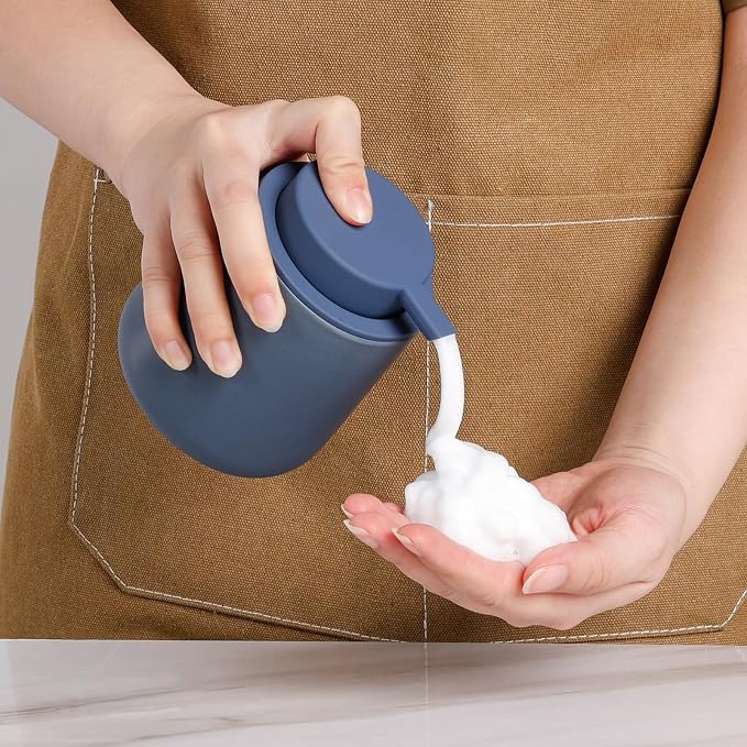 Bosilunlife 12Oz Ceramic Foam Soap Dispenser for Bathroom Kitchen Counter | Premium countertop foam pump creates delicate dense foam, stable desktop placement,Matte Blue