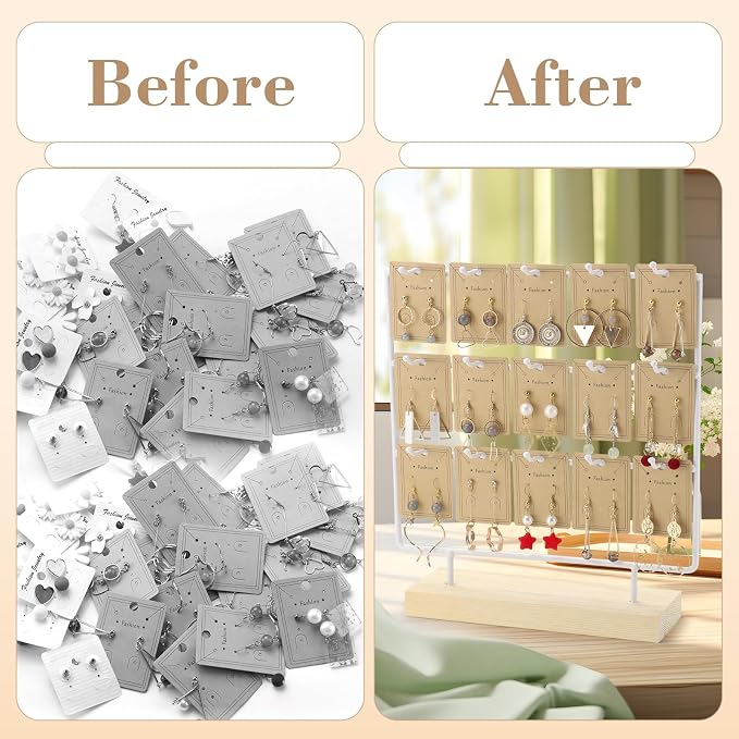 Earring Display Stand 3 Tier 15 Hooks Wood Earring Display Rack Holder for Earings Necklaces Rings Bracelets Keychains (White)