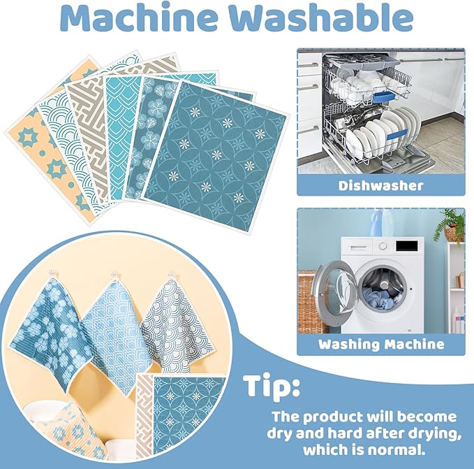 Needbrock 6 Pack Swedish Dishcloths for Kitchen, Geometric Pattern Swedish Rags Dish Towels with Clips, Reusable Paper Towels Washable Absorbent for Home Housewarming Cleaning Gifts for Mom