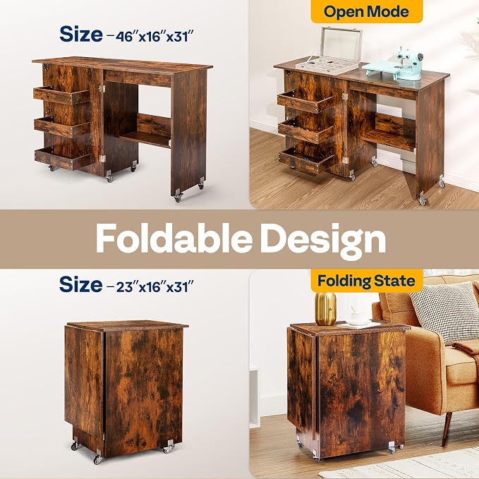 VIVOHOME Folding Sewing Table for Sewing Machine, Sewing Desk with Storage | Rolling Sewing Craft Table with Storage Shelves, Trays, Wheels, Sewing Cabinet with Lift for Small Spaces, Rustic Brown