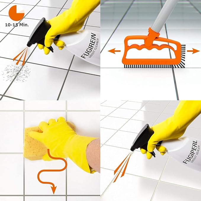 FUGINATOR® Grout Brush White/Red - Ergonomic Heavy Duty Cleaning Brush for Bathroom, Shower & Kitchen - Deep Detail Scrubber for Wall & Floor Tiles, Crevices & Tight Spaces - Made in Germany
