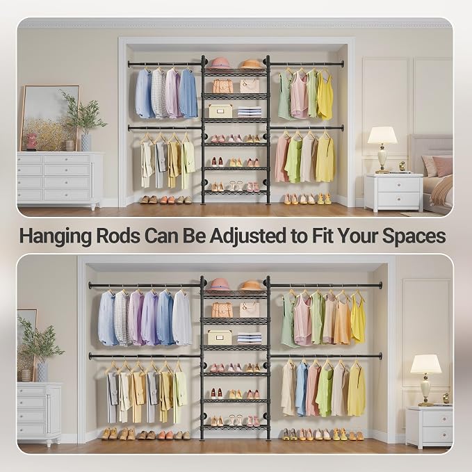 Timate S3X Expandable Wall Mounted Clothes Rack with 6 Adjustable Shelves & 4 Expandable Hanger Rods, Heavy Duty Industrial Pipe Clothing Rack for Hanging Clothes, Fits Spaces 5'11"- 8'10", Black