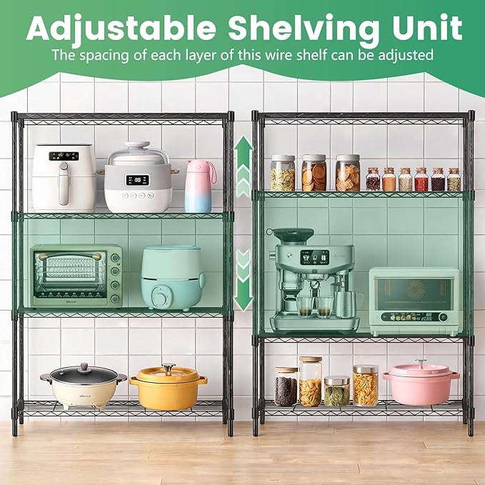 36" L×14" W×54" H Commercial Wire Shelving Unit Metal Shelf with 4 Tier Adjustable Layer Rack Strong Steel for Restaurant Garage Pantry Kitchen Garage，Black