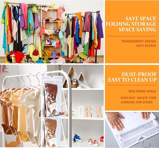 Windyun 16 Pairs Large Clear Pockets Fabric Dual Sided Hanging Shoe Rack for Closets Hanging Shoe Organizer with Rotating Hanger Boot Organizer for Storage Men's and Woman's Boots(White)