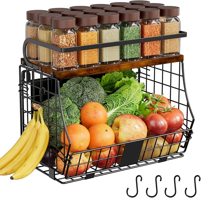 Magnetic Shelf for Fridge with Wood Top & Produce Basket – 2-in-1 Magnetic Spice Rack for Refrigerator – Space-Saving Kitchen Organizer for Fruits, Potatoes, and Onions (with Hooks)