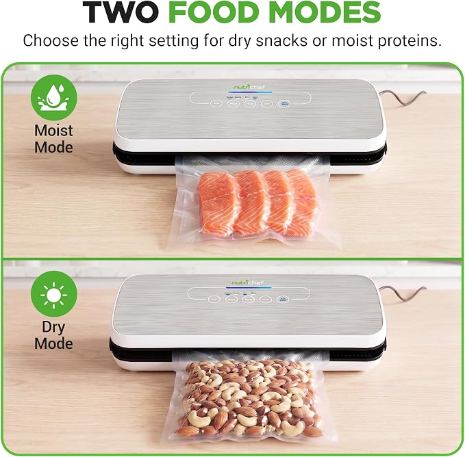 NutriChef Automatic Vacuum Air Sealing System for Food Preservation with Starter Kit, Compact Design, Lab Tested, Dry & Moist Food Modes with Led Indicator Lights, Silver