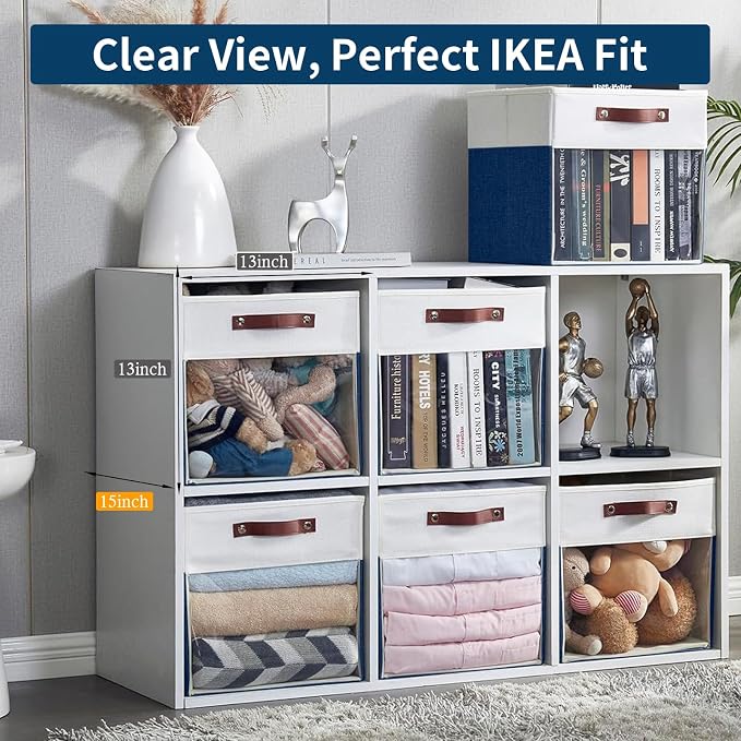 Bagnizer Storage Cubes, 4 Pack Linen Foldable Storage Bins with Clear Window and 2 Handles, 13x15x13 Storage Cube Bins for Shelf Closet, Kallax, Clothes, Books - (Navy Blue / Off-White)
