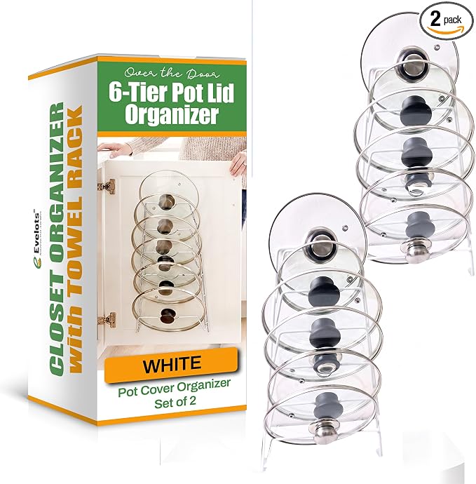 Evelots 6-Tier Pot Lid Organizer for Cabinet Door or Pantry Wall, Set of 2, 6-Slot Pot & Pan Lid Holder Racks, Cabinet & Wall Mounted Kitchen Storage for Glass & Metal Lids, White