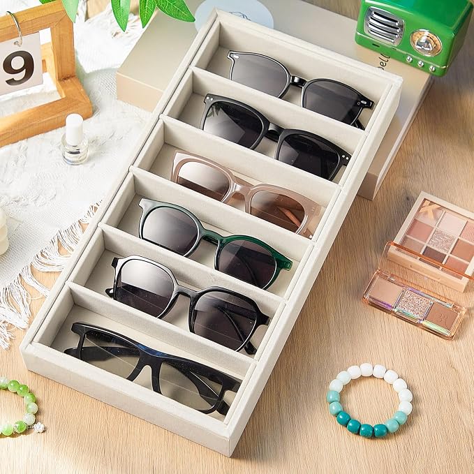 Juexica 4 Pcs Velvet Sunglasses Organizer Tray 6 Grid Sunglass Organizer Velvet Tray Stackable Glasses Display Case for Women Glasses Jewelry Display Watch (Beige)