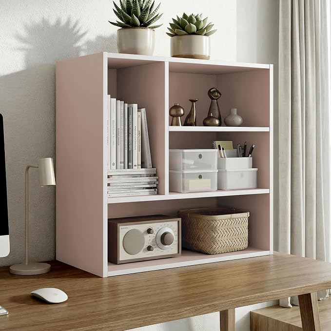 Homes: Inside + Out Apexa 4-Vertical Storage Organizer Shelves, Stackable Wood Bookcase for Organization, Dorm Teen Room Decor & Home Office, Light Pink